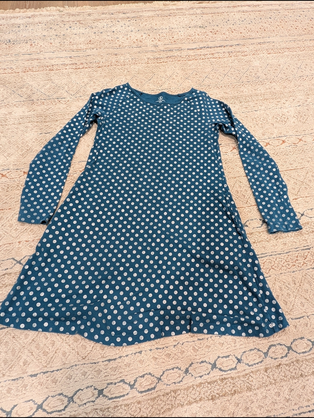 Lands' End Teal Long-Sleeve Polka Dot Dress